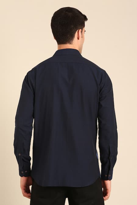 Mayank Modi - Men Designer Navy Blue Malai Cotton Shirt