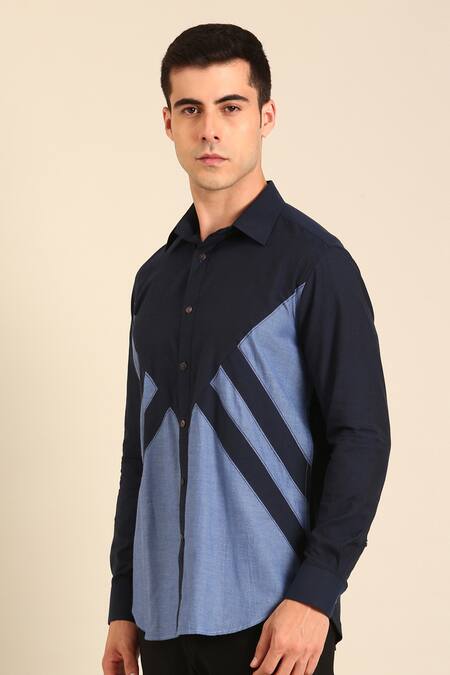 Buy_Mayank Modi - Men_Navy Cotton Designer Blue Malai Shirt _Online_at_Aza_Fashions