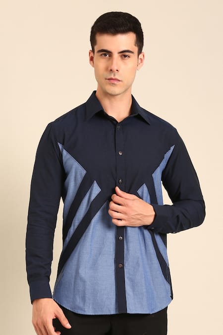 Shop_Mayank Modi - Men_Navy Cotton Designer Blue Malai Shirt _Online_at_Aza_Fashions