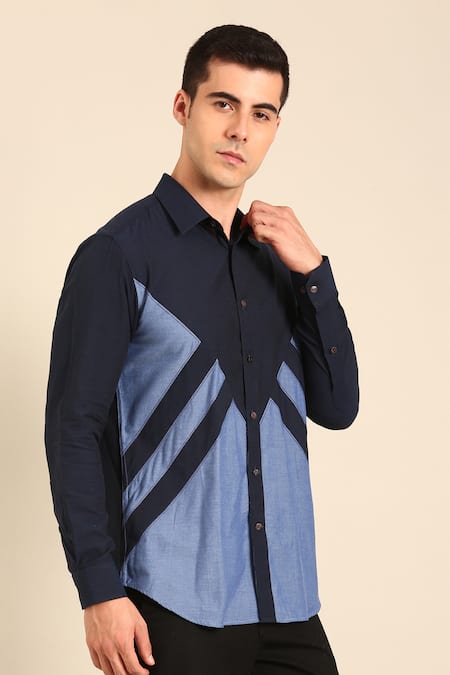 Mayank Modi - Men_Navy Cotton Designer Blue Malai Shirt _at_Aza_Fashions
