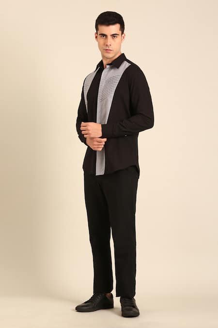 Mayank Modi - Men Black Cotton Designer Black-silver Malai Shirt