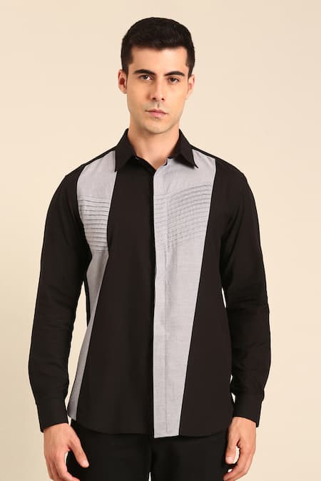 Mayank Modi - Men_Black Cotton Designer Black-silver Malai Shirt _Online_at_Aza_Fashions