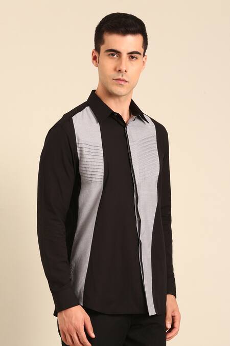 Shop_Mayank Modi - Men_Black Cotton Designer Black-silver Malai Shirt _Online_at_Aza_Fashions