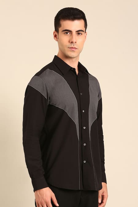 Shop_Mayank Modi - Men_Black Cotton Charcoal Malai Shirt _Online_at_Aza_Fashions