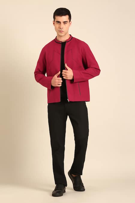 Mayank Modi - Men Wine Cotton Malai Bomber Jacket 