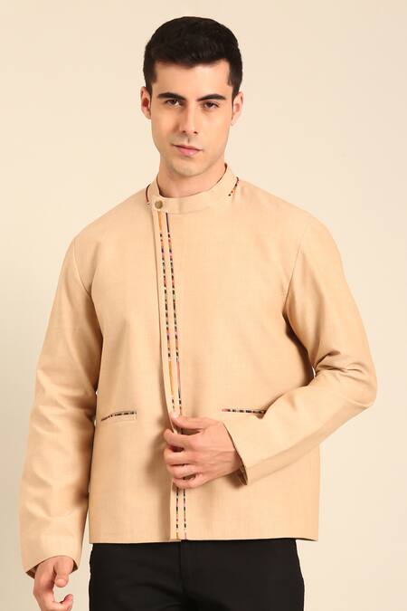 Mayank Modi - Men_Beige Cotton Embroidery Print Malai Bomber Jacket _Online_at_Aza_Fashions