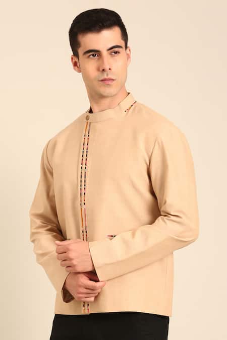 Buy_Mayank Modi - Men_Beige Cotton Embroidery Print Malai Bomber Jacket _Online_at_Aza_Fashions