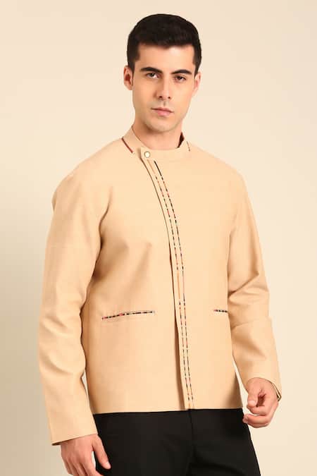 Shop_Mayank Modi - Men_Beige Cotton Embroidery Print Malai Bomber Jacket _Online_at_Aza_Fashions