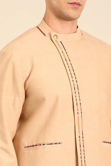 Mayank Modi - Men_Beige Cotton Embroidery Print Malai Bomber Jacket _at_Aza_Fashions