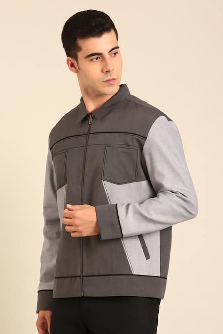 Mayank Modi - Men_Gray Cotton Grey Malai Bomber Jacket _Online_at_Aza_Fashions