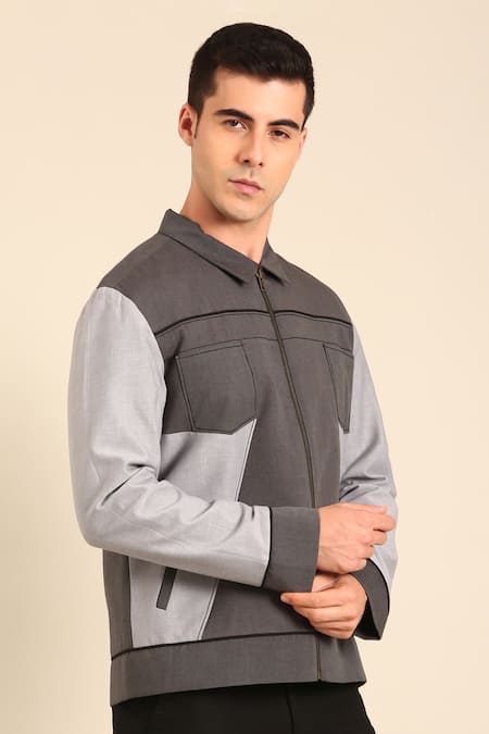 Buy_Mayank Modi - Men_Gray Cotton Grey Malai Bomber Jacket _Online_at_Aza_Fashions