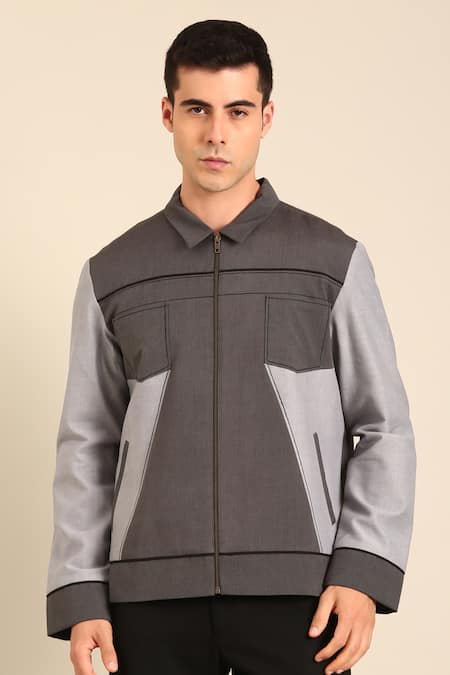 Shop_Mayank Modi - Men_Gray Cotton Grey Malai Bomber Jacket _Online_at_Aza_Fashions