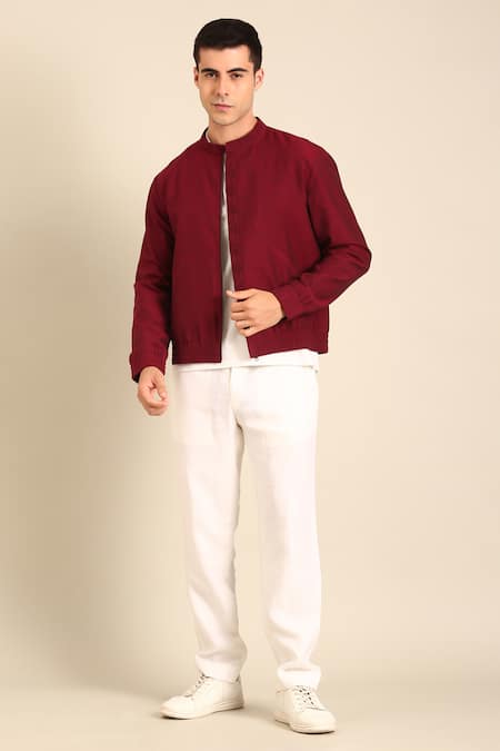 Mayank Modi - Men Wine Cotton Malai Bomber Jacket 