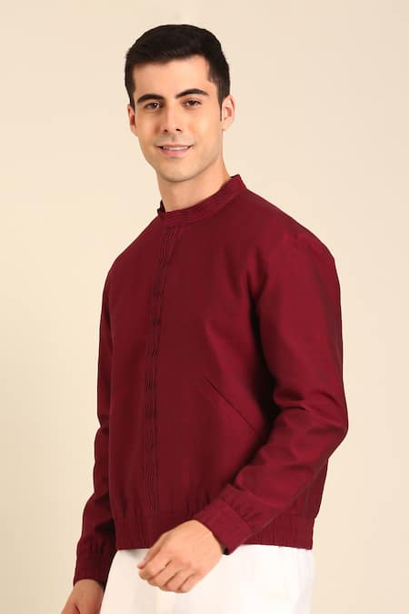 Mayank Modi - Men_Wine Cotton Malai Bomber Jacket _Online_at_Aza_Fashions