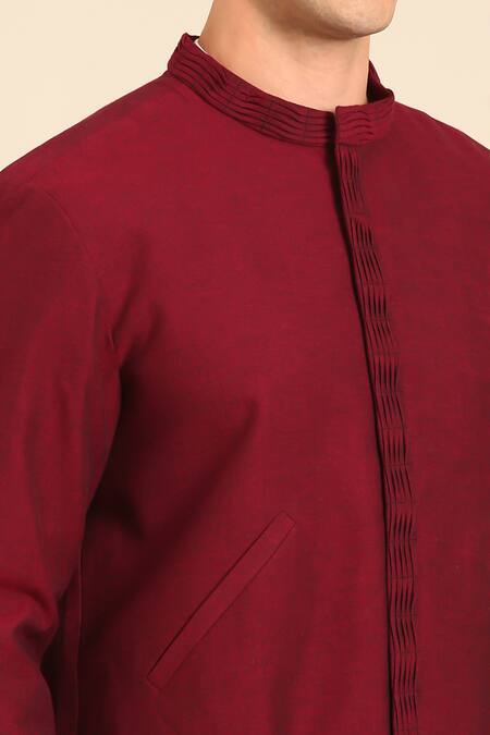 Mayank Modi - Men_Wine Cotton Malai Bomber Jacket _at_Aza_Fashions