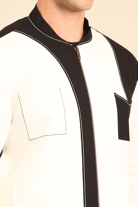 Mayank Modi - Men Black Cotton And White Malai Bomber Jacket Online at Aza Fashions Mayank Modi - Men_Black Cotton And White Malai Bomber Jacket _Online_at_Aza_Fashions