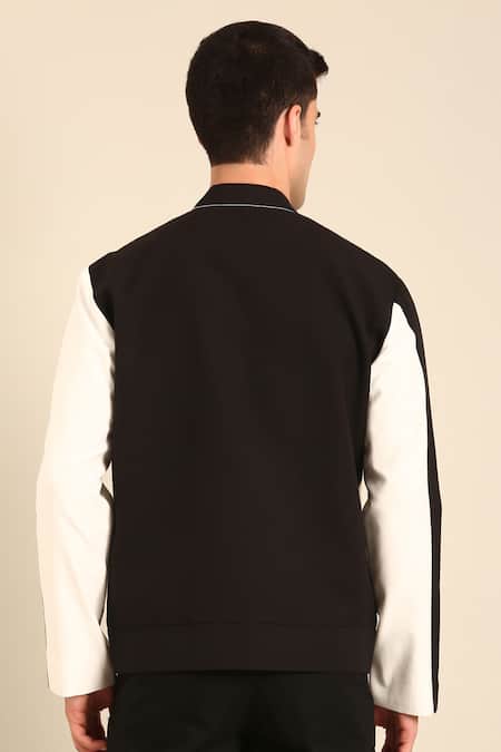 Shop Mayank Modi - Men Black Cotton And White Malai Bomber Jacket at Aza Fashions Shop_Mayank Modi - Men_Black Cotton And White Malai Bomber Jacket _at_Aza_Fashions