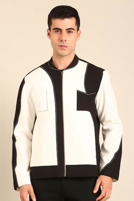 Mayank Modi - Men Black Cotton And White Malai Bomber Jacket at Aza Fashions Mayank Modi - Men_Black Cotton And White Malai Bomber Jacket _at_Aza_Fashions