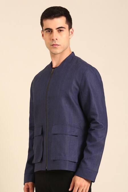 Mayank Modi - Men_Blue Linen Designer Bomber Jacket _Online_at_Aza_Fashions