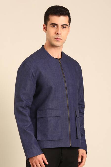Buy_Mayank Modi - Men_Blue Linen Designer Bomber Jacket _Online_at_Aza_Fashions