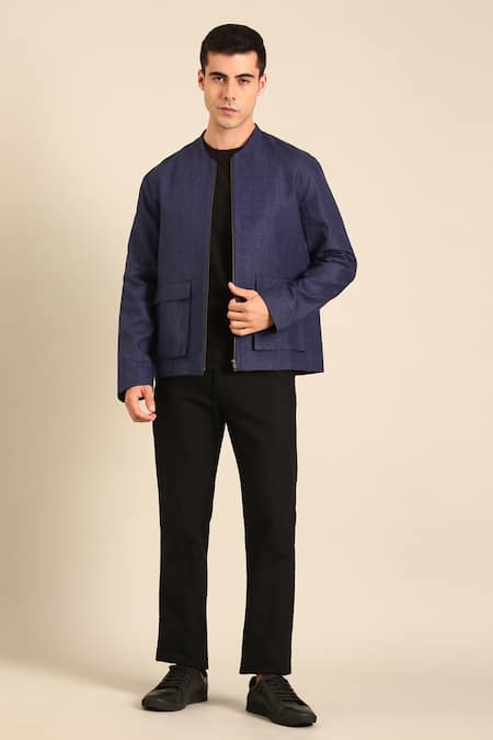 Mayank Modi - Men Blue Linen Designer Bomber Jacket