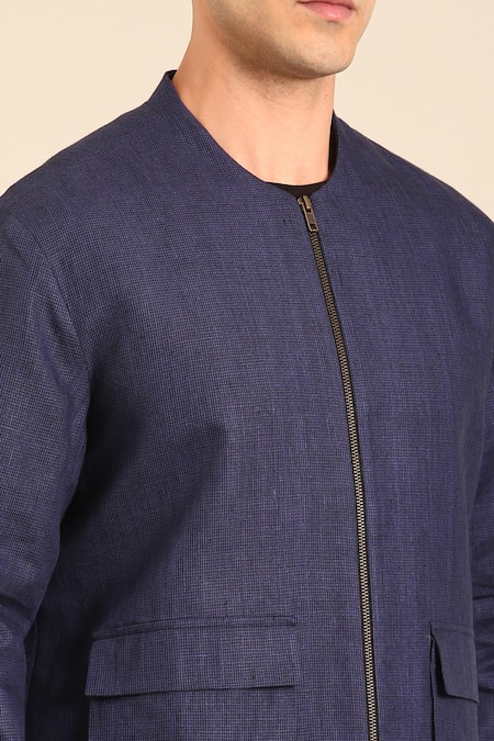 Shop_Mayank Modi - Men_Blue Linen Designer Bomber Jacket _Online_at_Aza_Fashions
