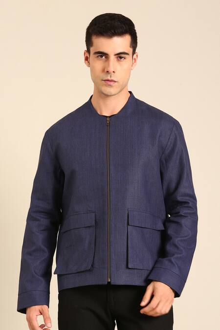 Mayank Modi - Men_Blue Linen Designer Bomber Jacket _at_Aza_Fashions