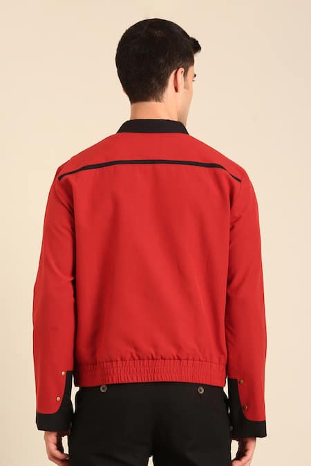 Mayank Modi - Men Red & Black Malai Cotton Bomber Jacket 