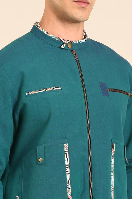 Mayank Modi - Men Blue Cotton Malai Bomber Jacket Online at Aza Fashions Mayank Modi - Men_Blue Cotton Malai Bomber Jacket _Online_at_Aza_Fashions