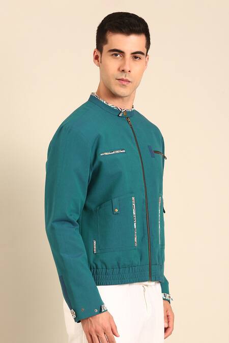 Shop Mayank Modi - Men Blue Cotton Malai Bomber Jacket Online at Aza Fashions Shop_Mayank Modi - Men_Blue Cotton Malai Bomber Jacket _Online_at_Aza_Fashions