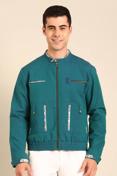 Mayank Modi - Men Blue Cotton Malai Bomber Jacket at Aza Fashions Mayank Modi - Men_Blue Cotton Malai Bomber Jacket _at_Aza_Fashions