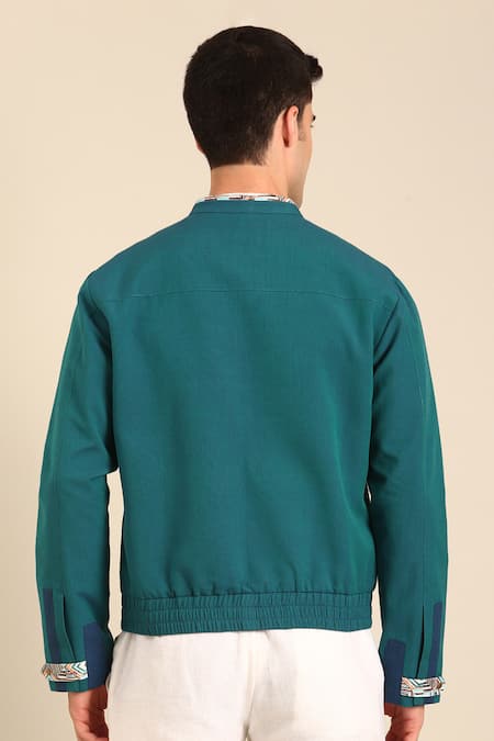 Shop Mayank Modi - Men Blue Cotton Malai Bomber Jacket at Aza Fashions Shop_Mayank Modi - Men_Blue Cotton Malai Bomber Jacket _at_Aza_Fashions