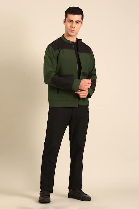 Mayank Modi - Men Green Cotton Malai Bomber Jacket 