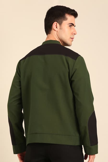 Shop Mayank Modi - Men Green Cotton Malai Bomber Jacket at Aza Fashions Shop_Mayank Modi - Men_Green Cotton Malai Bomber Jacket _at_Aza_Fashions