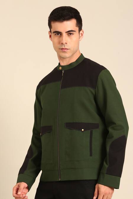 Shop Mayank Modi - Men Green Cotton Malai Bomber Jacket Online at Aza Fashions Shop_Mayank Modi - Men_Green Cotton Malai Bomber Jacket _Online_at_Aza_Fashions