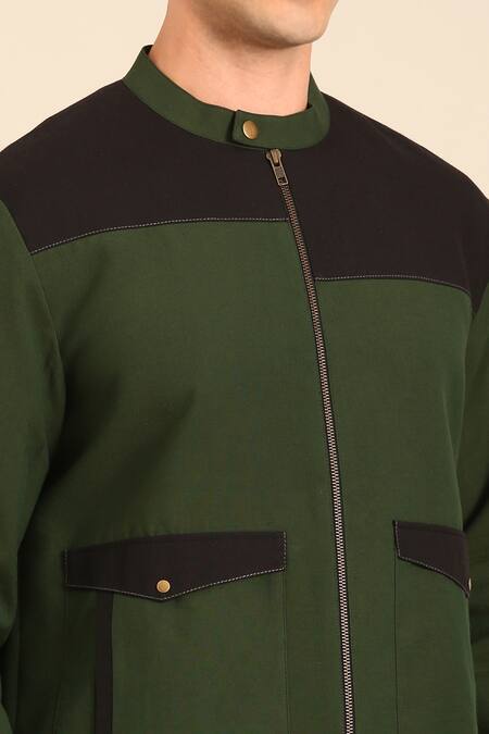 Mayank Modi - Men Green Cotton Malai Bomber Jacket at Aza Fashions Mayank Modi - Men_Green Cotton Malai Bomber Jacket _at_Aza_Fashions