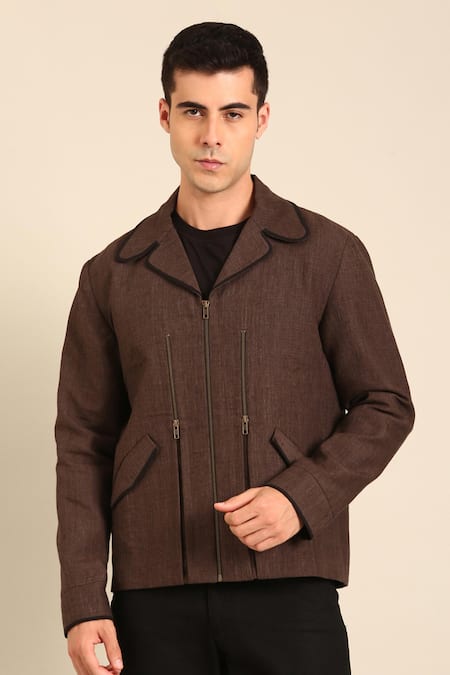 Mayank Modi - Men Brown Linen Bomber Jacket Online at Aza Fashions Mayank Modi - Men_Brown Linen Bomber Jacket _Online_at_Aza_Fashions