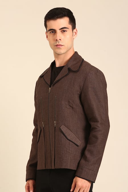 Shop Mayank Modi - Men Brown Linen Bomber Jacket Online at Aza Fashions Shop_Mayank Modi - Men_Brown Linen Bomber Jacket _Online_at_Aza_Fashions