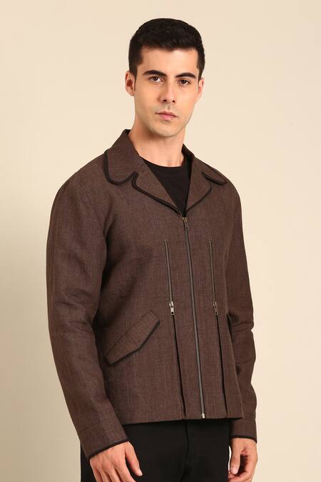 Mayank Modi - Men Brown Linen Bomber Jacket at Aza Fashions Mayank Modi - Men_Brown Linen Bomber Jacket _at_Aza_Fashions