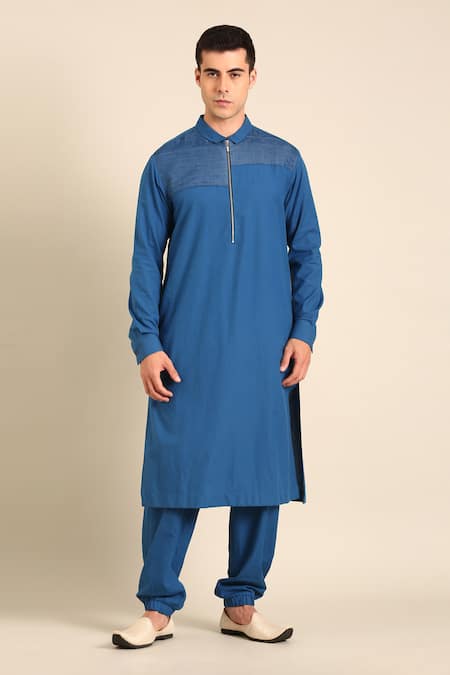 Mayank Modi - Men_Blue Cotton Designer Malai Kurta _Online_at_Aza_Fashions