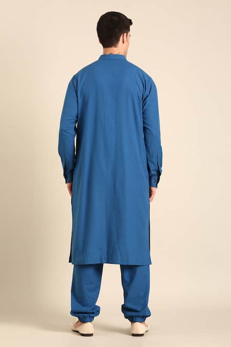 Shop_Mayank Modi - Men_Blue Cotton Designer Malai Kurta _at_Aza_Fashions