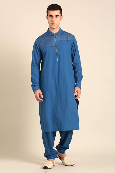 Mayank Modi - Men Designer Blue Malai Cotton Kurta  