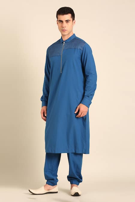Shop_Mayank Modi - Men_Blue Cotton Designer Malai Kurta _Online_at_Aza_Fashions
