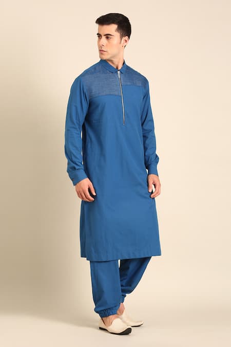 Mayank Modi - Men_Blue Cotton Designer Malai Kurta _at_Aza_Fashions