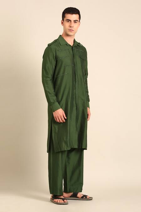 Mayank Modi - Men_Green Silk, Cotton Designer Kurta _Online_at_Aza_Fashions