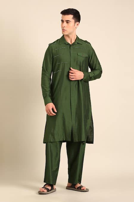 Mayank Modi - Men Green Silk, Cotton Designer Kurta 