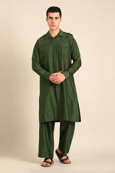 Buy_Mayank Modi - Men_Green Silk, Cotton Designer Kurta _Online_at_Aza_Fashions