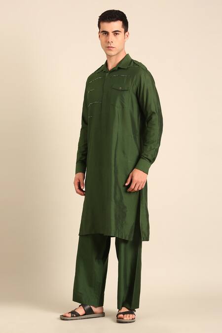 Shop_Mayank Modi - Men_Green Silk, Cotton Designer Kurta _Online_at_Aza_Fashions