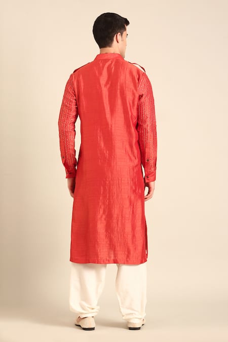 Mayank Modi - Men Rust Orange Bemberg Silk Kurta Set 