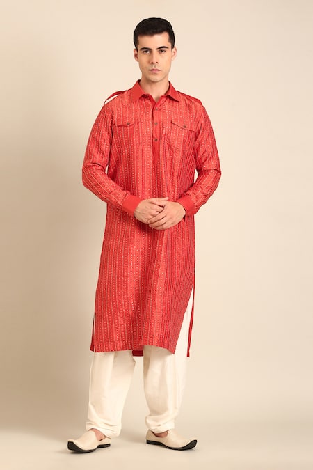 Mayank Modi - Men Rust Silk, Bemberg Orange Kurta Set